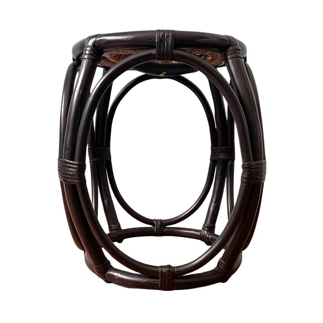 Vintage Black Rattan & Woven Cane Low Stool / Side Table / Plant Stand – British Colonial / Boho For Sale - Image 10 of 11