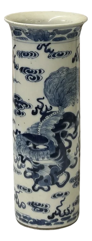 Oriental Small Blue White Kirin Graphic Cylinder Shape Porcelain Art Vase