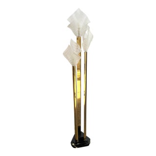 Art Deco Sculptural Acrylic and Brass Torchiere Floor Lamp With Calla Lily-Inspired Shades For Sale