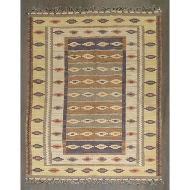 Vintage Zabihi Collection Room Size Rustic Swedish Kilim - 8'5" x 10'5" For Sale - Image 4 of 11