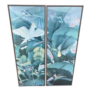 Palm Beach Regency Banana Leaves Parrot and Toucan Wall Hangings - a Pair For Sale