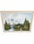 An atmospheric mountain landscape depicting snow-capped peaks rising beyond a lush evergreen forest. A small pale cabin...