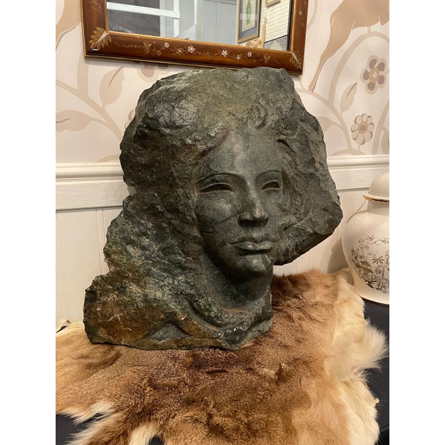 Female Sculpture Carved Stone Bust of a Woman Signed by Artist Charles Cutler - Mid Century For Sale - Image 11 of 11