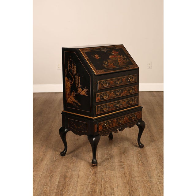 Chinoiserie Queen Anne Style Chinoiserie Slant Front Writing Desk For Sale - Image 3 of 18