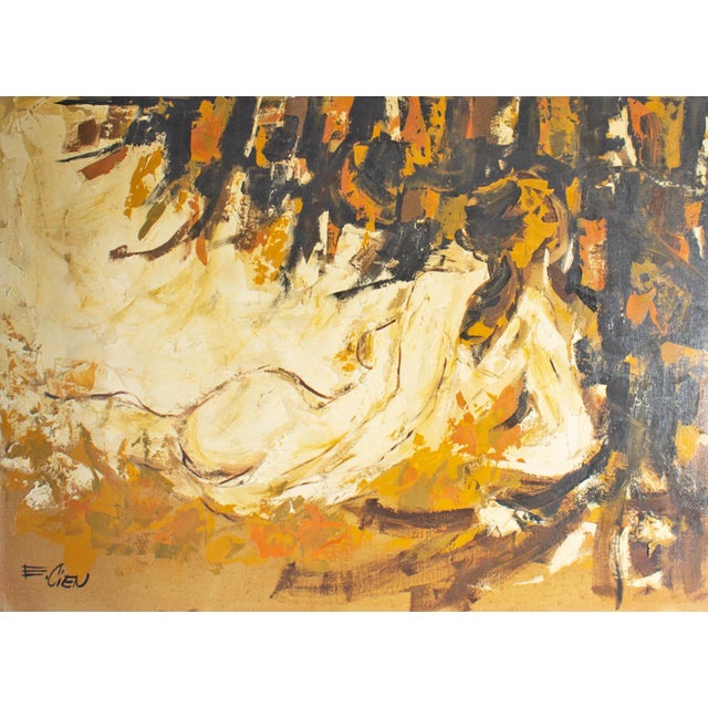 An abstract oil and gesso texture on canvas painting by American artist Etta Cien (1924-2009). An abstract nude figure is...