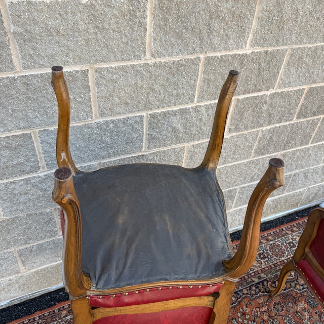 Mid 20th Century Tacked Red Vinyl & Fruitwood French Louis XV Fauteuil Dining Chairs - Set of 3 For Sale - Image 11 of 17