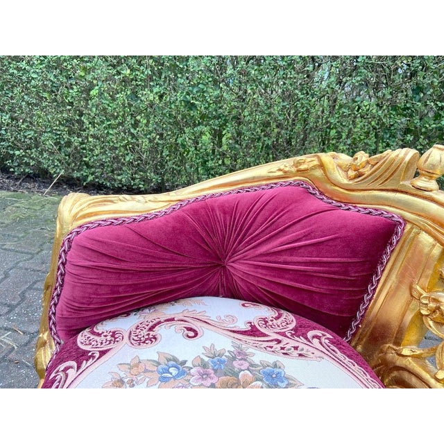 Late 20c French Louis XVI Red Velvet Gilt Beech Settee For Sale - Image 10 of 13