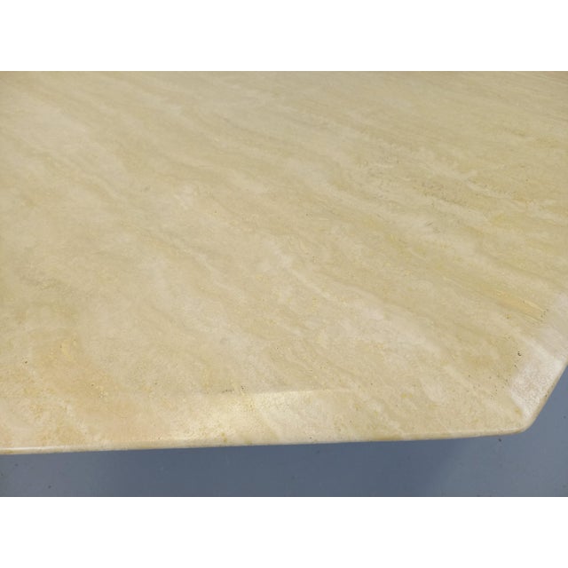 Vintage octagonal dining table in marble-type travertine from the 70s and 80s, 8-faceted top, octagonal foot, very good...