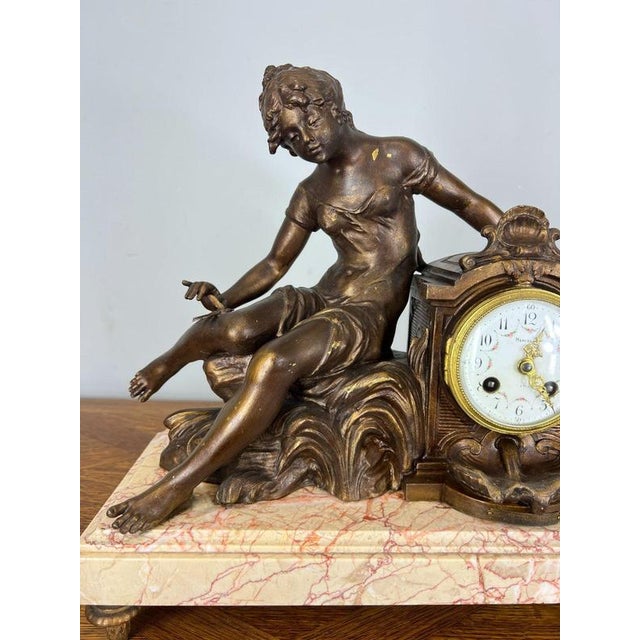 French Art Nouveau Style Bronze Mantel Clock Garniture For Sale - Image 6 of 16