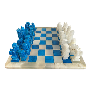 Vintage Blue and White Hand Carved Onyx Aztec Design Chess Set