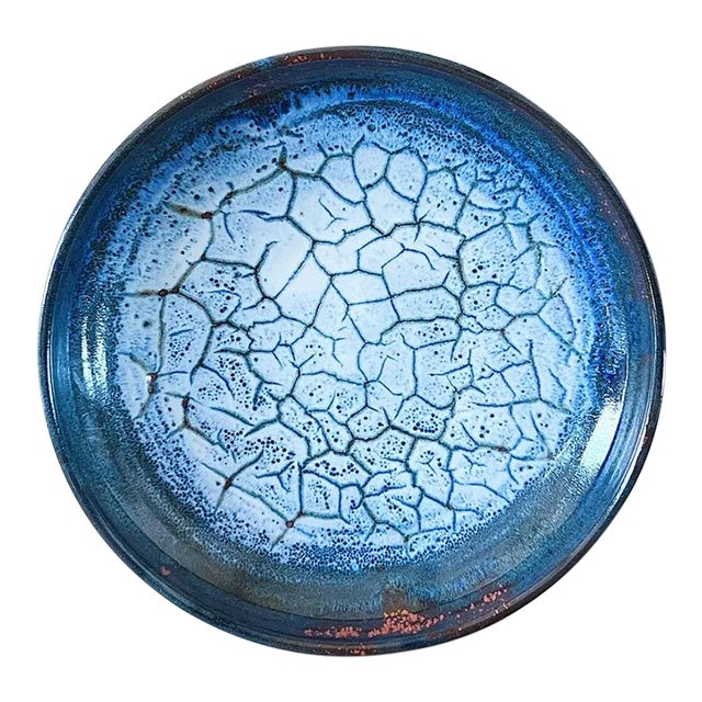 Vintage Hand Thrown Large Ceramic Serving Plate Charger in Blue Crackle Glaze, Signed For Sale