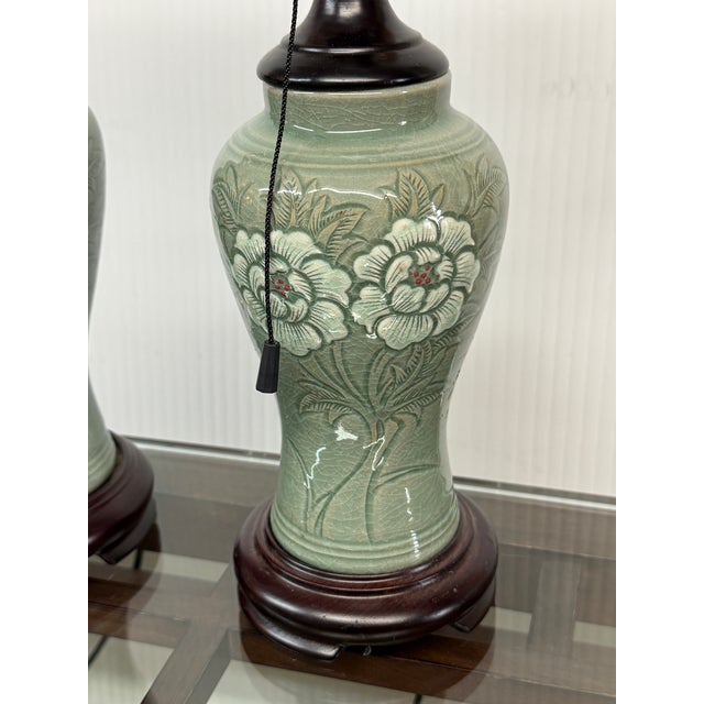 Mid 20th Century Chinese Jade Glazed Porcelain Table Lamps, Pair For Sale - Image 9 of 10