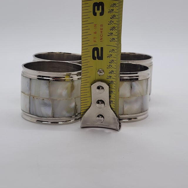 Late 20th Century Late 20th Century Mother of Pearl Napkin Rings Silver Tone Mosaic Shell Table Decor - Set of 4 For Sale - Image 5 of 6