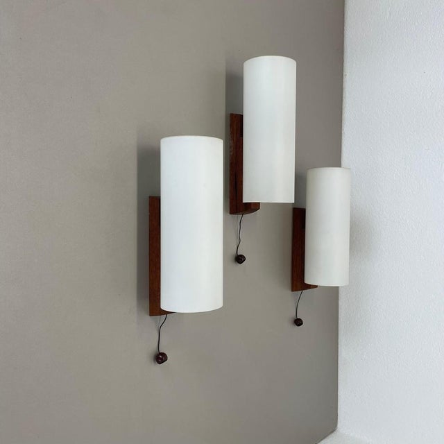 Vintage Satin White Glass and Teak Wall Lights, 1960s, Set of 2 For Sale - Image 4 of 18