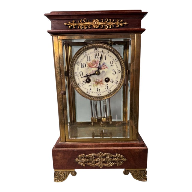 Unusual Antique French Ormolu Decorated Crystal Regulator Clock W Porcelain Cherub Decorated Dial For Sale