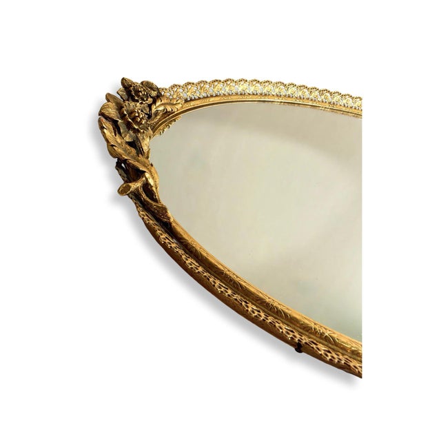 Gold Vintage French Oval Mirrored Vanity Tray With Gilt Floral Filigree, Circa 1950s For Sale - Image 8 of 10