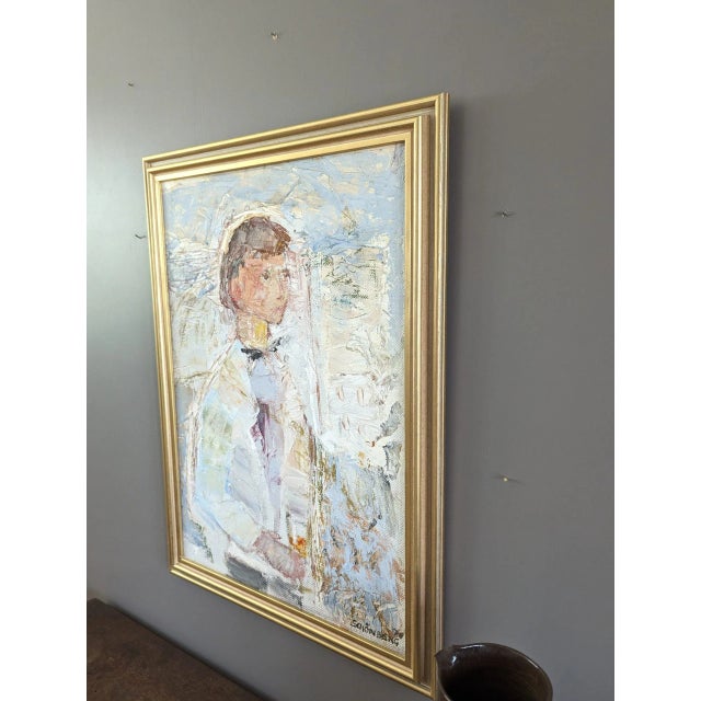 1970s 1976 Mid-Century Modern "At Your Service" Vintage Figurative Oil Painting, Framed For Sale - Image 5 of 12