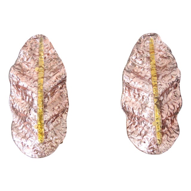 Pink and Gold Murano Glass Wall Sconces in the Shape of Leaves, 2000s, Set of 2 For Sale