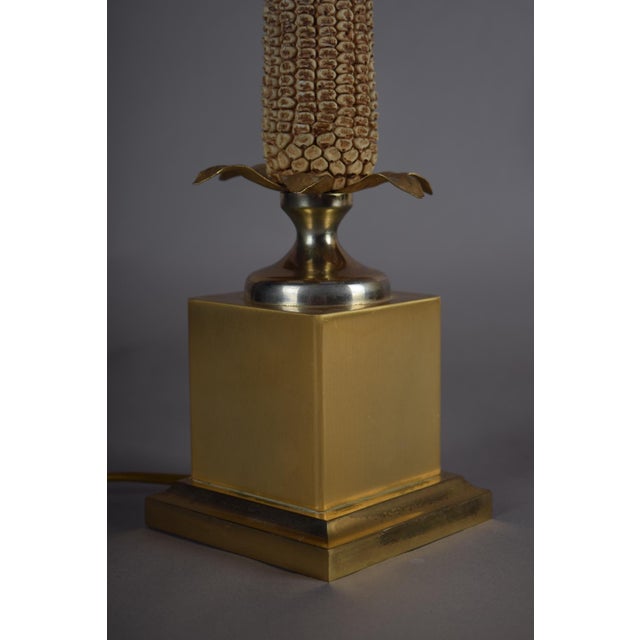 Gold Brass Corn Table Lamp with White Pleated Shade, 1970s For Sale - Image 8 of 14