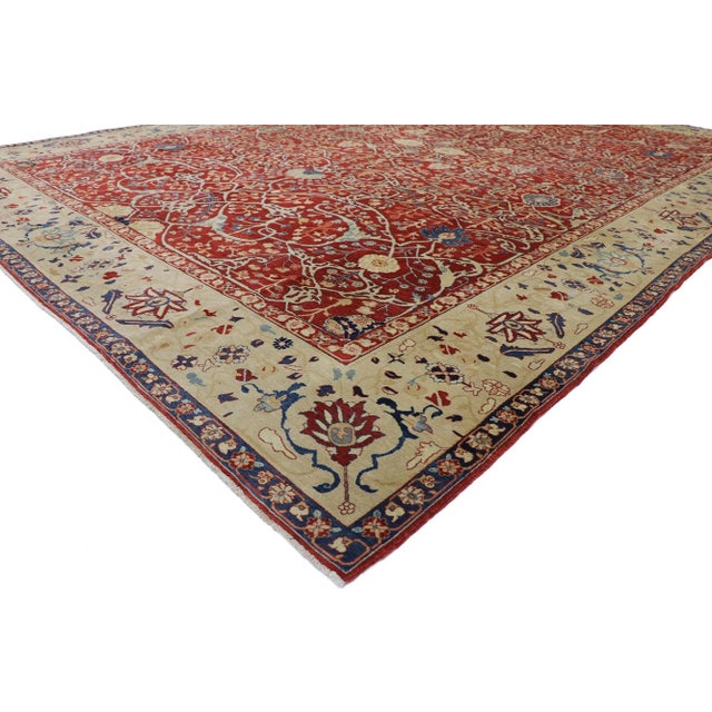 77643 Vintage Indian Agra Rug with Modern Jacobean Style 10'02 x 14'02. With its deep red hues and beguiling beauty, this...