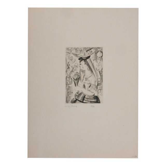 Mily Possoz, Young Girl with a Bouquet of Basil, Original Signed Engraving For Sale