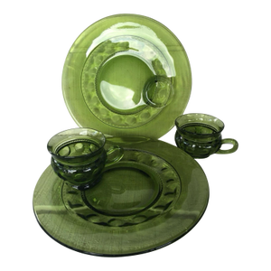Vintage Indiana Glass Snacker Green Cups & Plates Kings Crown- 4 Pieces