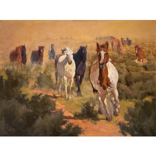 Galloping Over Sage by Harold Deist | Oil on Canvas Horses running through sagebrush landscape For Sale