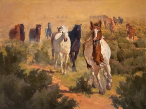 Galloping Over Sage by Harold Deist | Oil on Canvas Horses running through sagebrush landscape