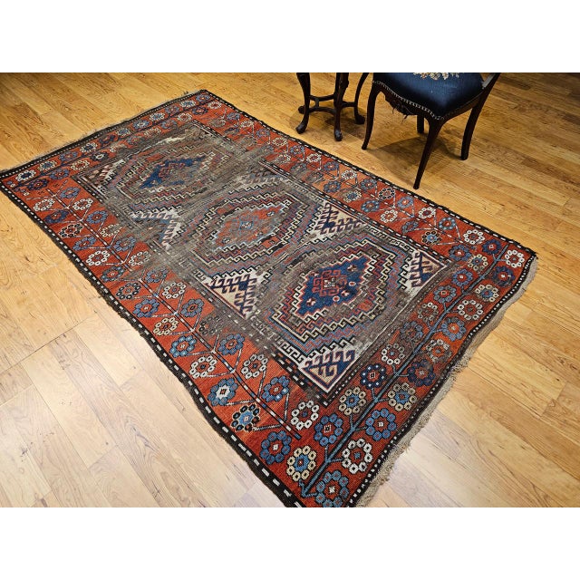 Shabby Chic Antique Caucasian Karabagh Area Rug, Hand-Knotted Wool, Geometric Design, Ivory & Blue, 5x8 For Sale - Image 3 of 17