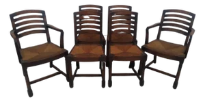 1960s English Oak Ladderback Rush Bottom Seat Dining Chairs - Set of 6