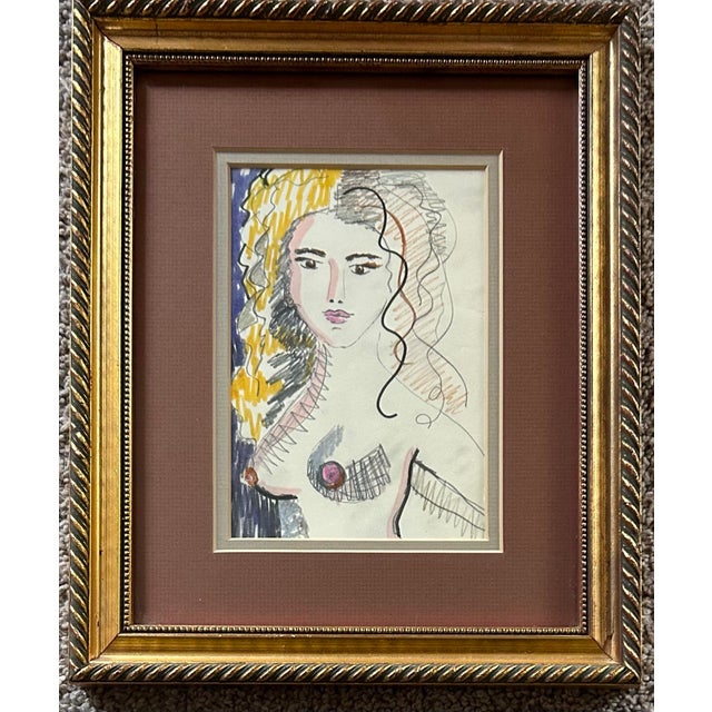 Small, abstract, mixed media, drawing of a nude woman. Behind glass, Matted in a grey and maroon matte with gold wood...