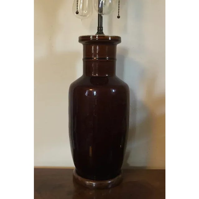 Brown Early 20th Century Antique Chinese Brown Porcelain Rouleau Shape Vase Table Lamp For Sale - Image 8 of 13