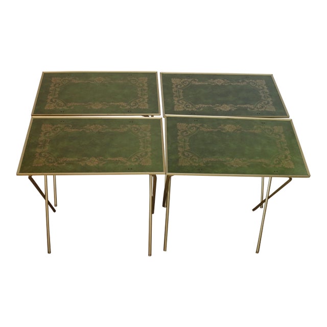 Set of Four Dark Green and Gold English Regency Design 1960s Trays With Rolling Stand For Sale