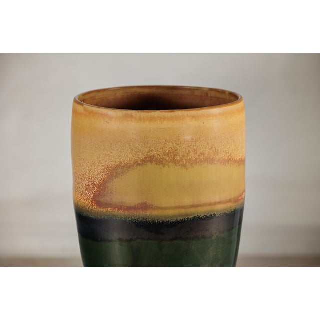 Late 20th Century Large Ochre and Green Glazed Ceramic Planter with Tiered Earth-Tone Finish For Sale - Image 4 of 18
