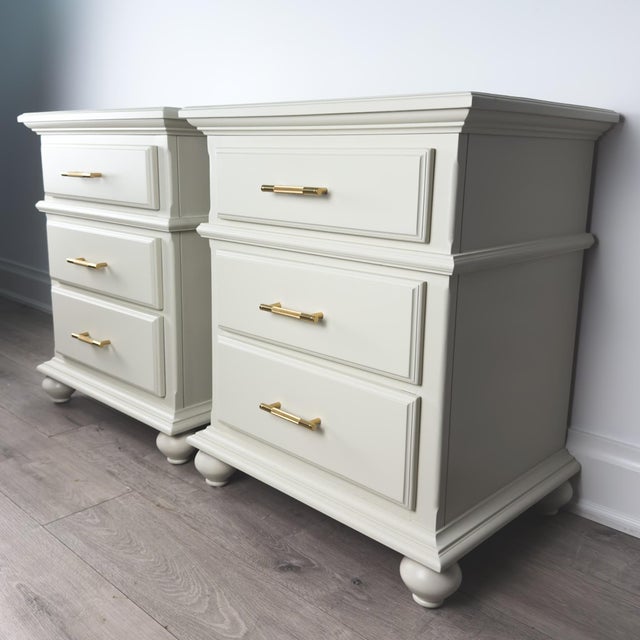 1980s Pair of Professionally Refinished Solid Pine Nightstands With Knurled Brass Hardware For Sale - Image 12 of 12