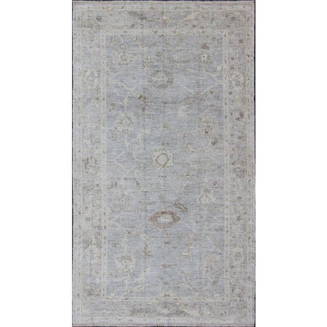 2010s Angora Oushak Turkish Gallery Rug in Shades of Light Blue, Silver and Taupe For Sale - Image 5 of 5
