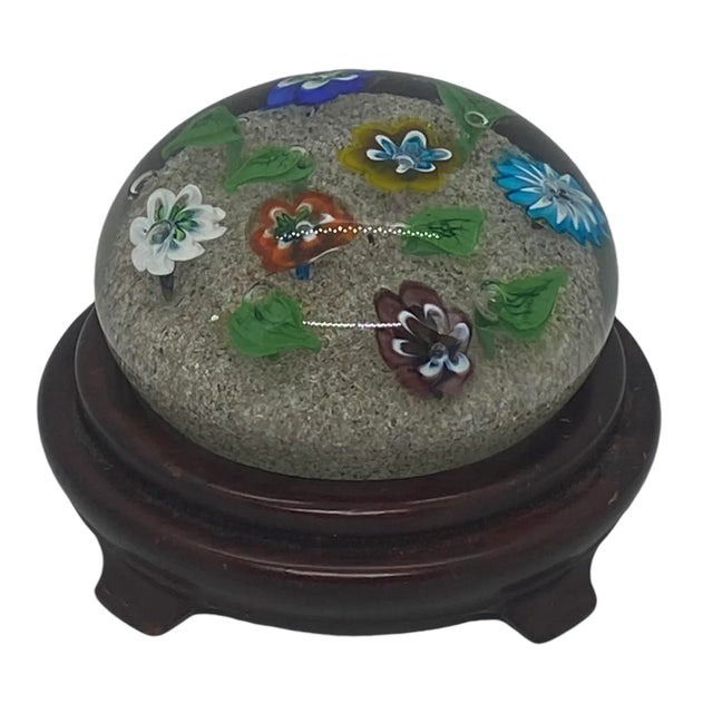 Murano Vintage Ferro & Lazzarini Murano Italy Flower Garden Glass Paperweight With Round Wood Stand For Sale - Image 4 of 12