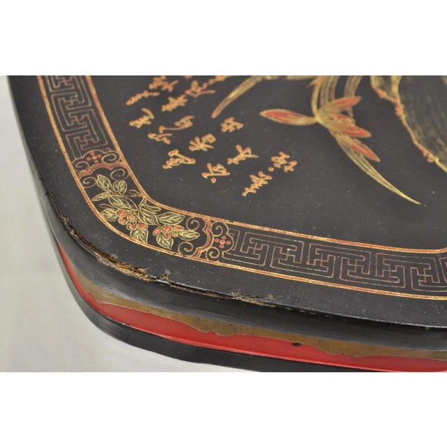 Red Vintage Chinese Black & Red Lacquer Floral Painted Lidded Wooden Tea Caddy Box For Sale - Image 8 of 11