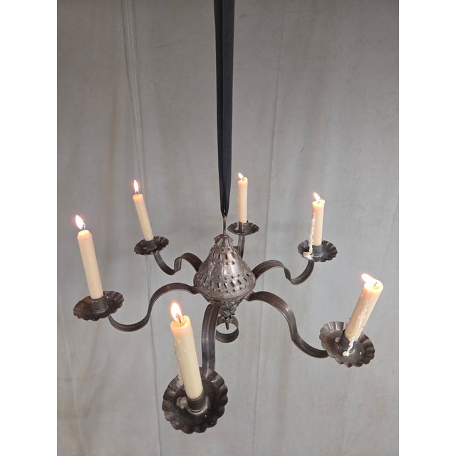 Antique Punched Tin Six-Arm Candle Chandelier, New Mexico, Spanish Colonial Style For Sale - Image 4 of 16