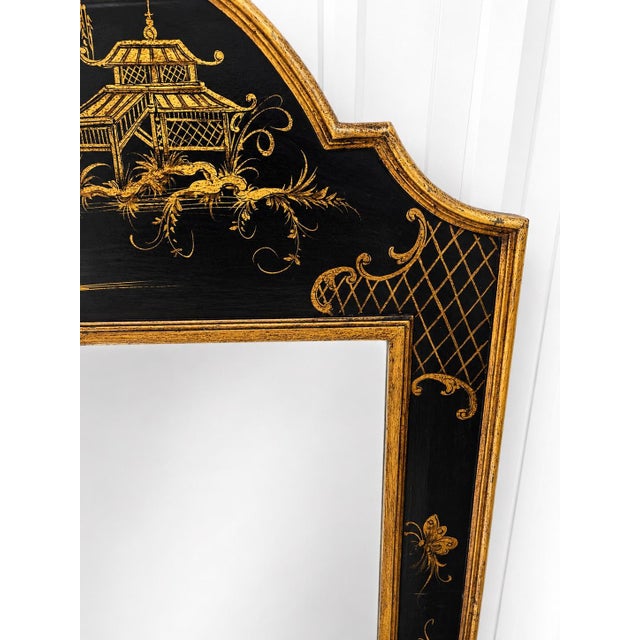 Maison Jansen Vintage Italian Hollywood Regency Chinoiserie Black & Gilt Lacquer Wall Mirror For Sale - Image 4 of 12