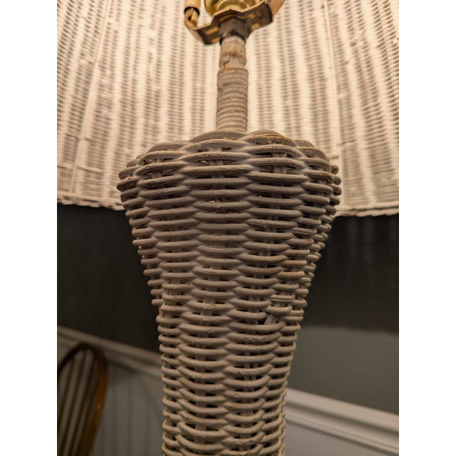 1960s Vintage White Wood Wicker Floor Lamp For Sale - Image 5 of 12