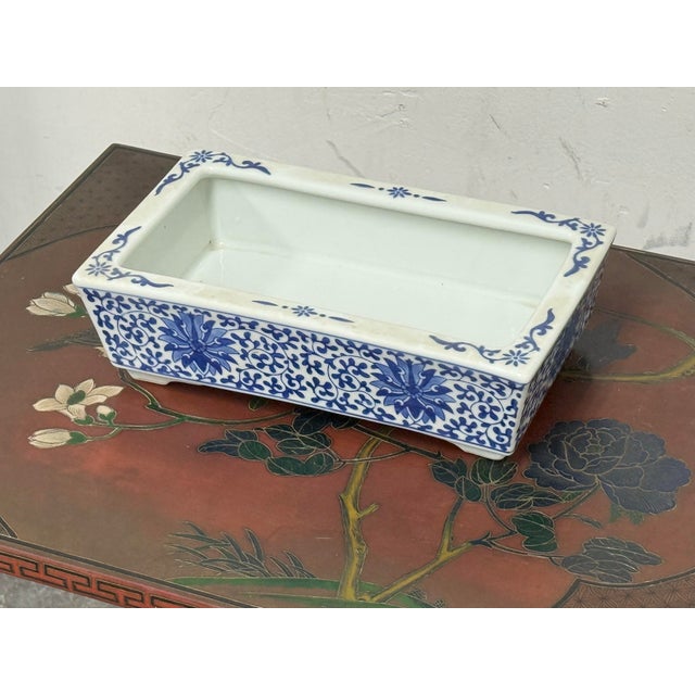 Blue + White Floral Ceramic Rectangular Planter, Vintage For Sale - Image 4 of 12