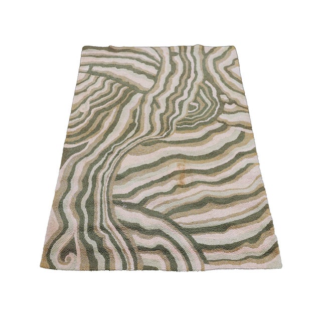 Vintage Hand-Hooked Rug in Soft Green & Ivory Mid-Century Geometry. Contemporary Calm. Artisan Woven. This vintage hooked...