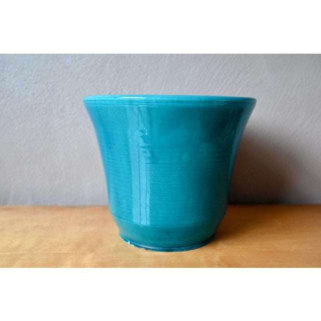 Vintage Peacock Blue Ceramic Art Planter from Accolay, 1950s For Sale - Image 10 of 10