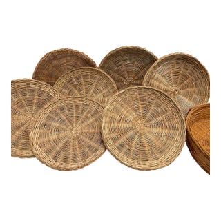 Vintage Wood Wicker Plate Holders and Basket Set of 8 For Sale