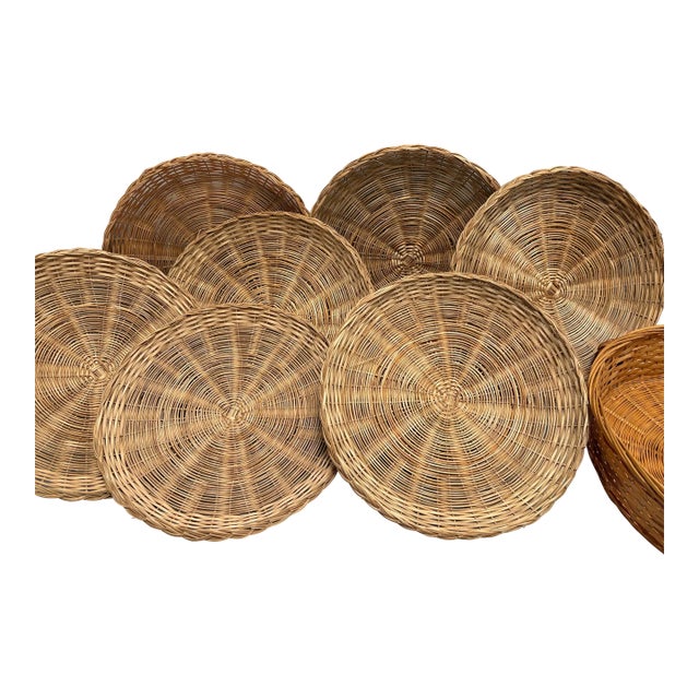 Vintage Wood Wicker Plate Holders and Basket Set of 8 For Sale