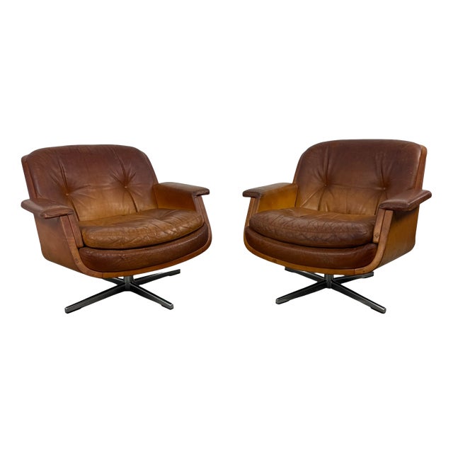 Vintage Cognac Leather Swivel Lounge Chairs from Eugen Schmidt, 1970s, Set of 2 For Sale