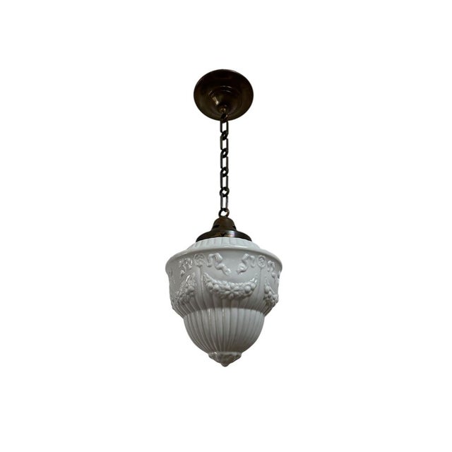 - A large opaline ceiling pendant with original gallery, chain and ceiling rose, France circa 1930. - Heavy quality glass...