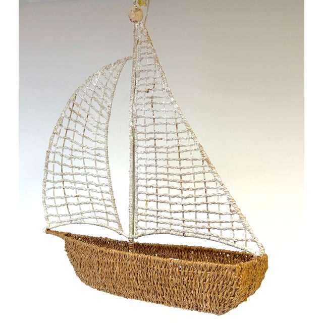 Brown Mid 20th Century Coastal Boho Chic Polychromed Rattan, Willow and Reed Sailboat Chandelier For Sale - Image 8 of 16