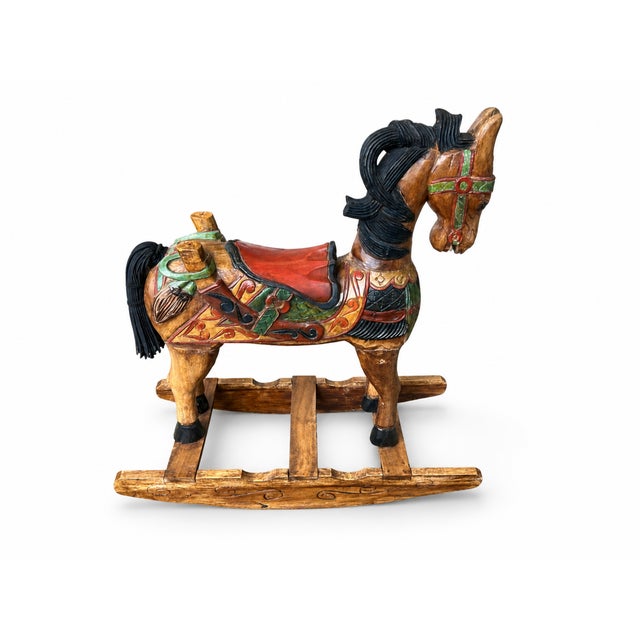 Vintage Southeast Asian Hand-Carved Painted Wood Rocking Horse Sculpture For Sale - Image 4 of 9